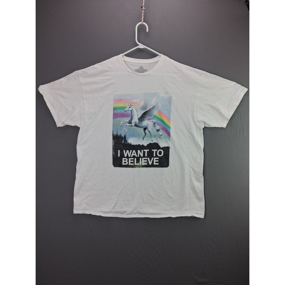 Unbranded T-Shirt I Want To Believe Unicorn Pegasus 2XL White Graphic Tee Cotton